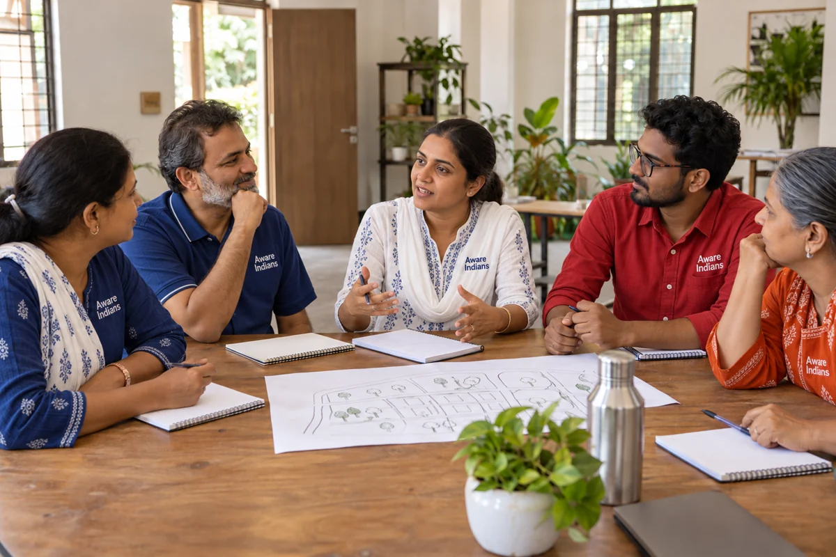AI-generated representative scene: adult Indian volunteers planning together around a table.