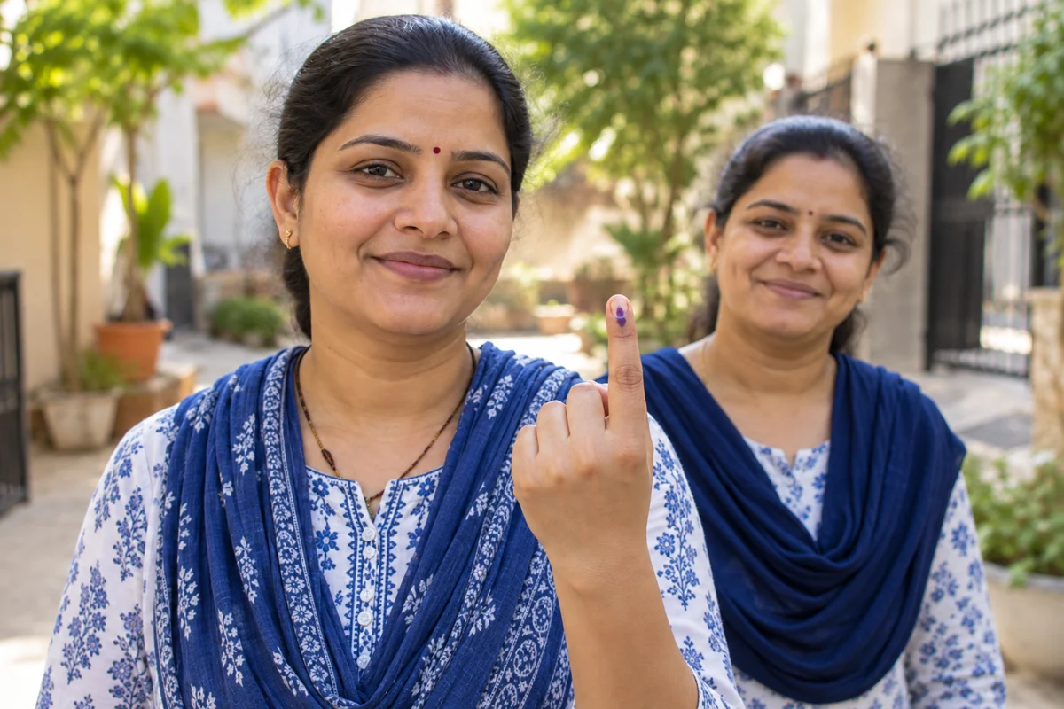 AI-generated representative scene: an adult woman showing a voting-ink mark on her index finger.