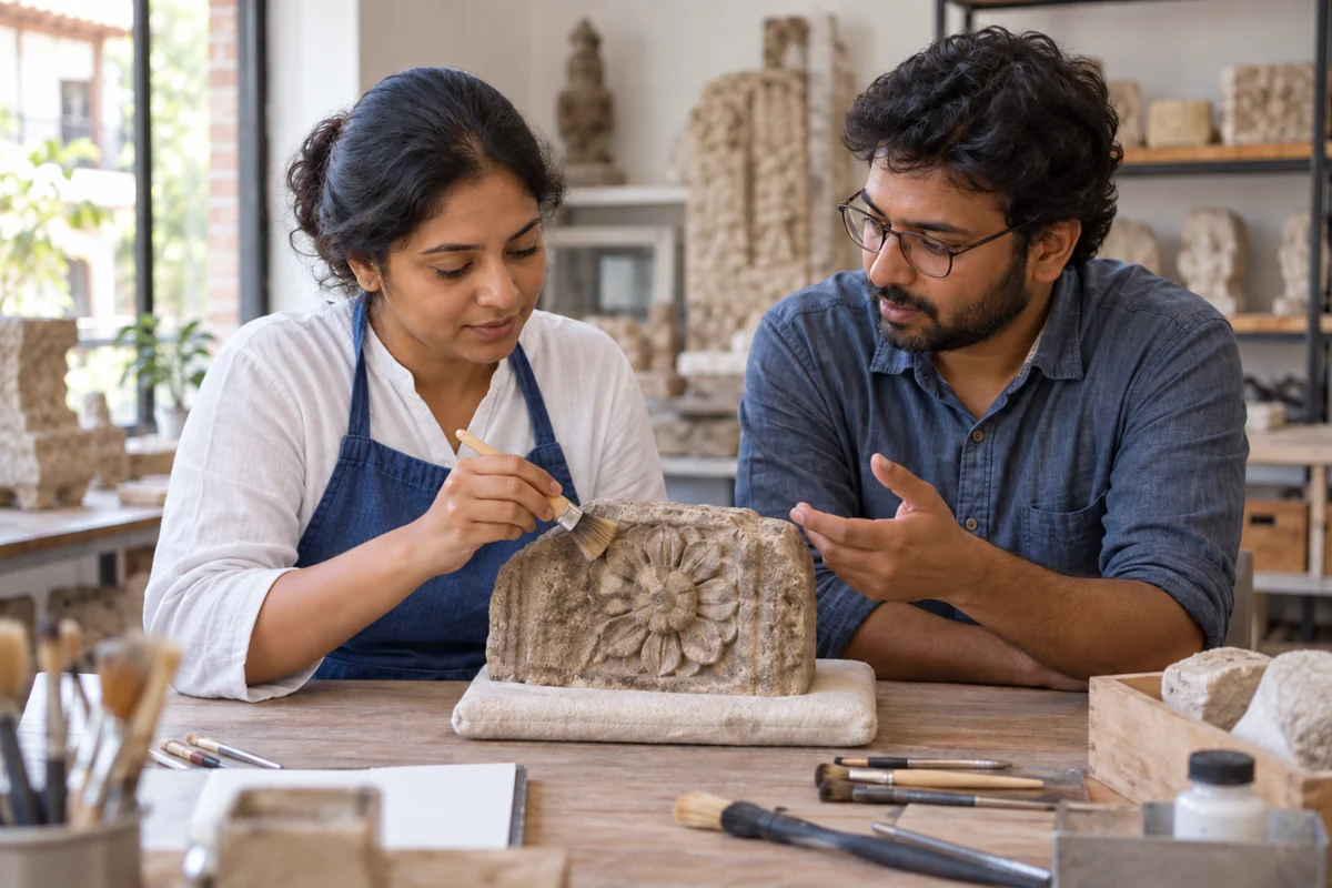 AI-generated representative scene: an adult conservator and colleague caring for a sandstone carving.