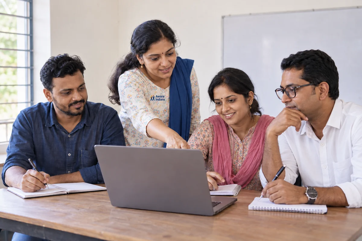 AI-generated representative scene: adult learners collaborating around a laptop in a community classroom.