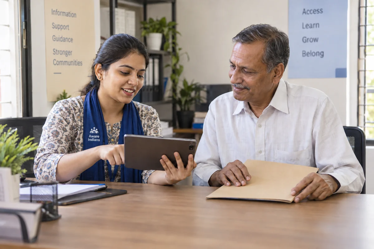 AI-generated representative scene: a woman volunteer and an older man discussing a tablet at an information desk.