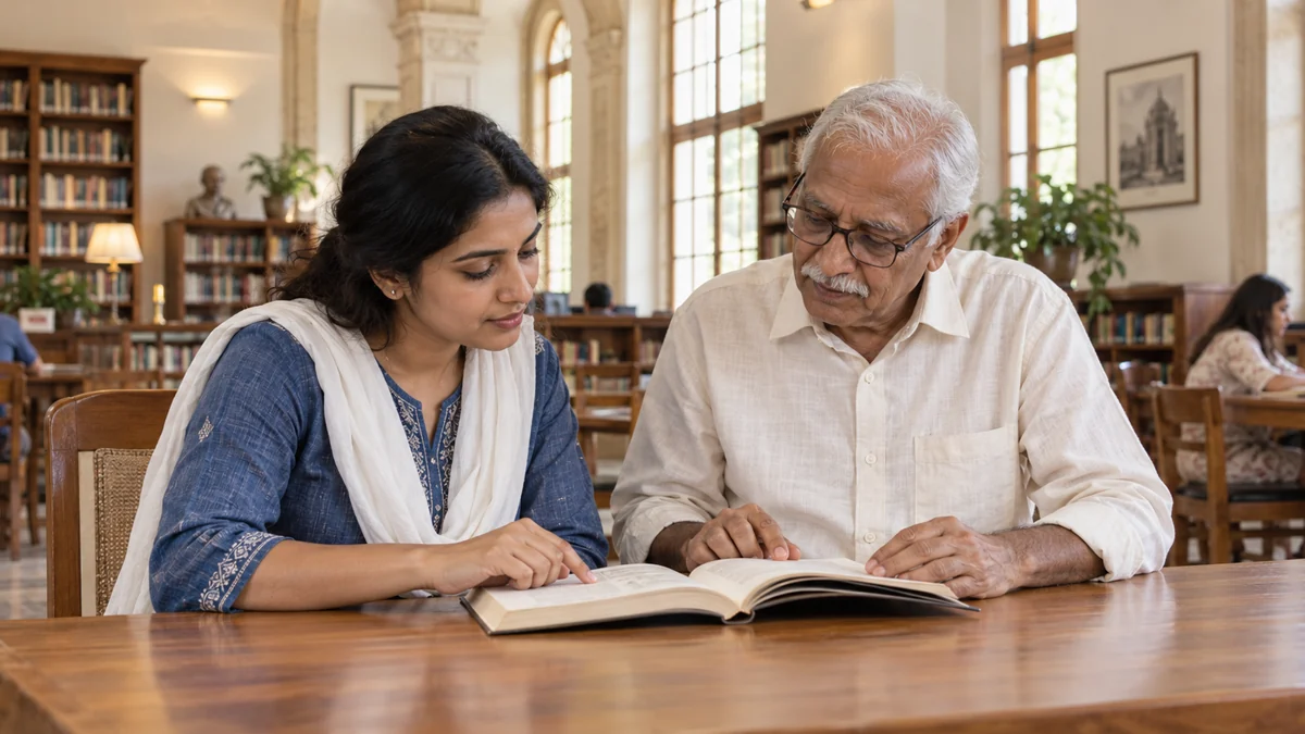 Representative AI scene of adults reading thoughtfully in a community library.