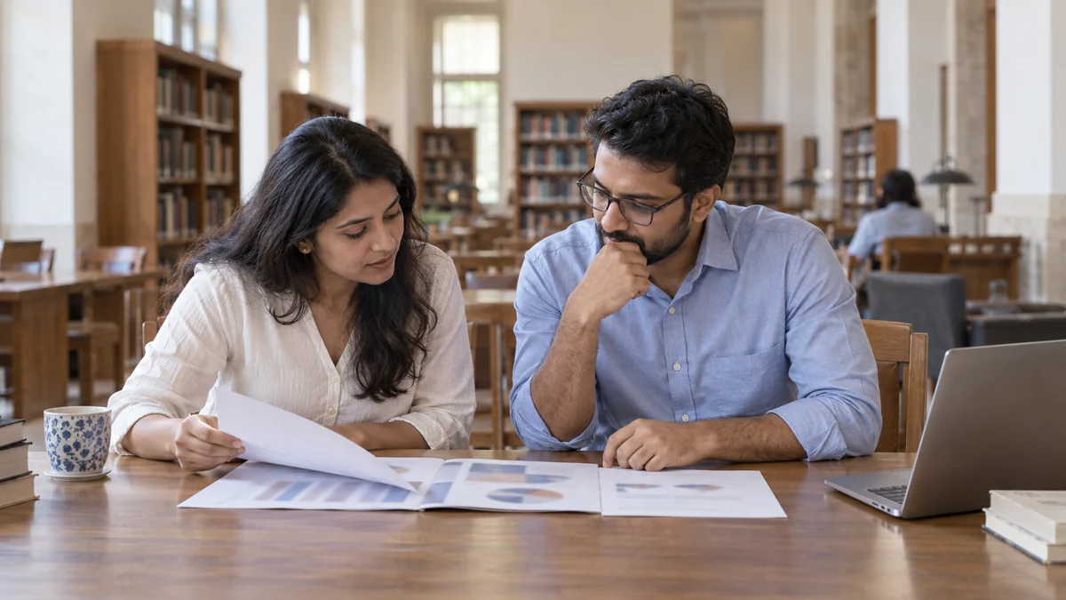 Representative AI scene of Indian researchers examining a printed report.