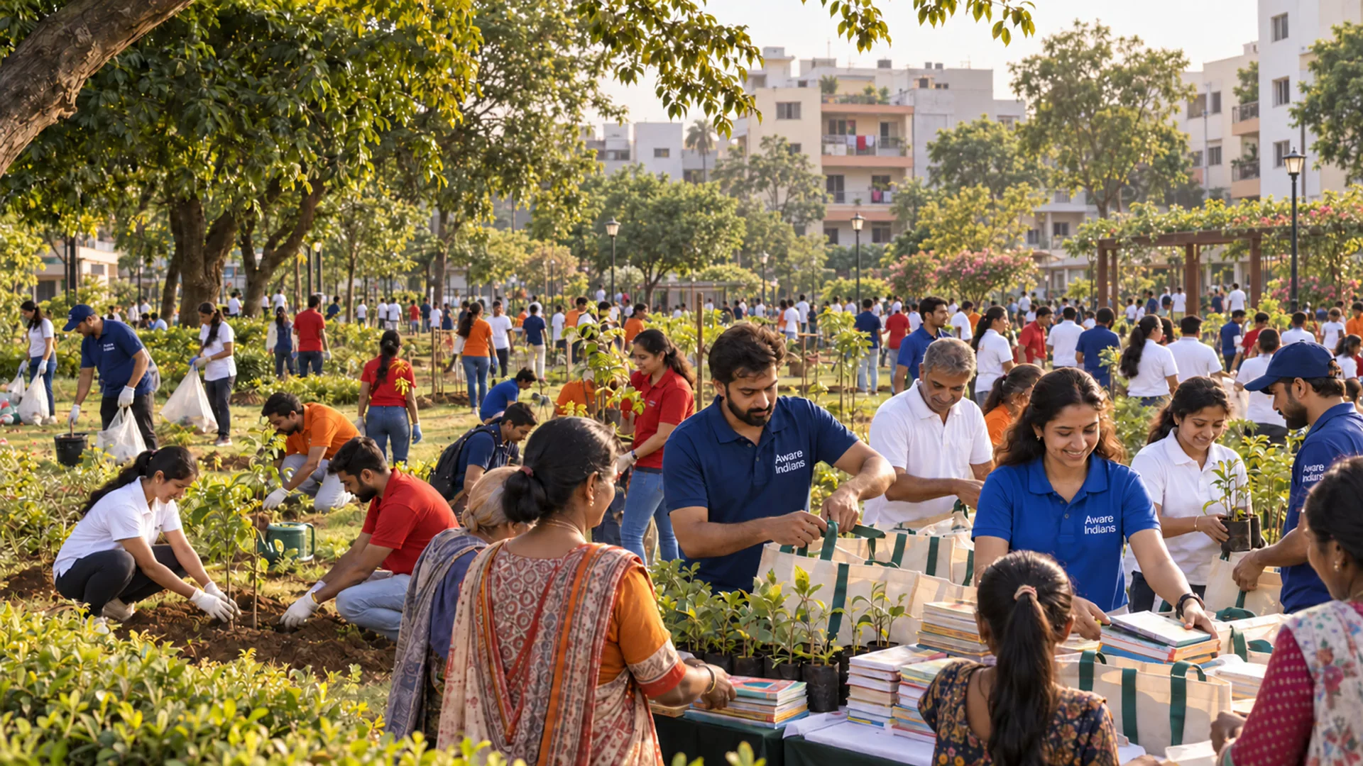 Generated illustration of Aware Indians volunteers working together at a large community-service gathering.